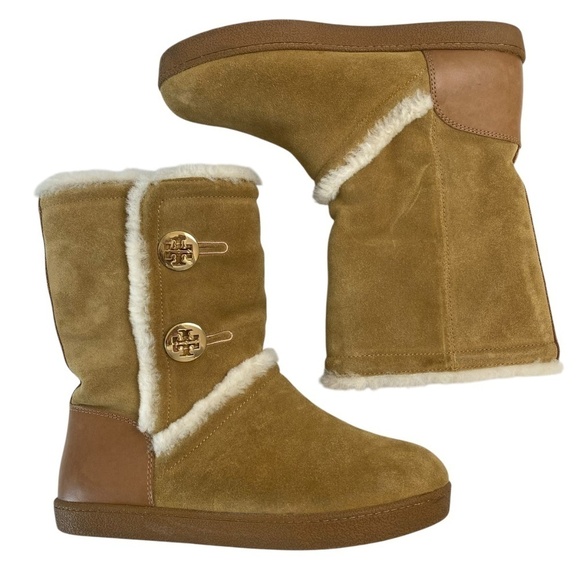 TORY BURCH Boots Suede Leather AUS Shearling Sheepskin in Tan Size 7 - Picture 1 of 10